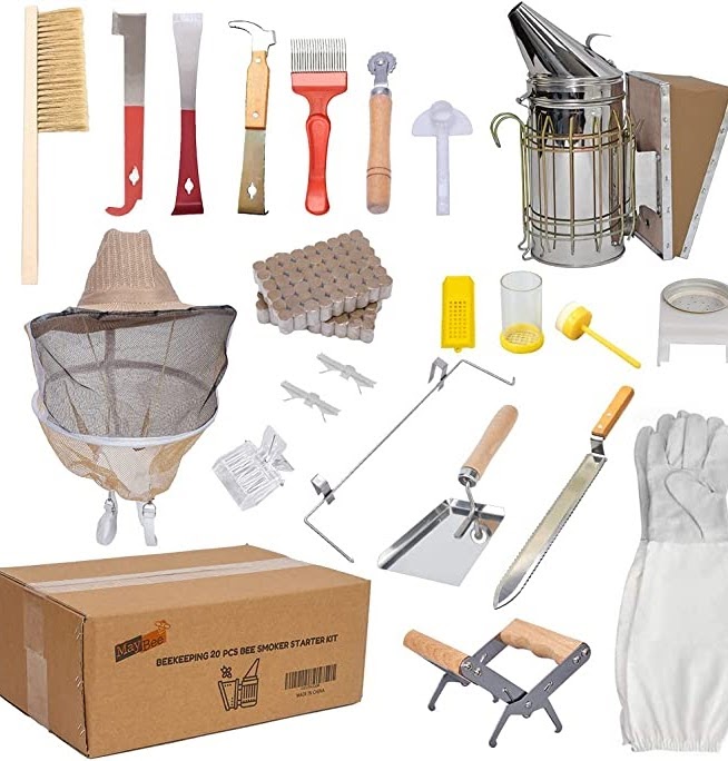 various beekeeping tools including hive tools, bee brush, smoker, uncapping tools, smoker pellets, hood, gloves, etc